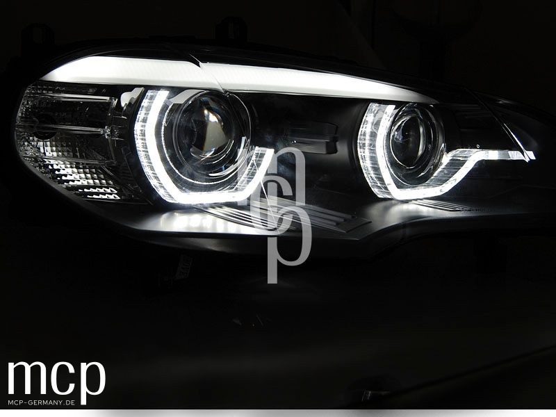 Xenon LED Angel Eyes Scheinwerfer Set für BMW X5 E70 (2007 bis 2010) in Schwarz – MCP Zusatz 03 Leuchtbild
