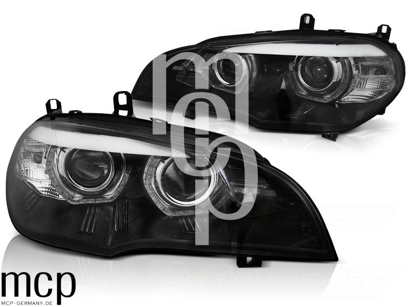Xenon LED Angel Eyes Scheinwerfer Set für BMW X5 E70 (2007 bis 2010) in Schwarz