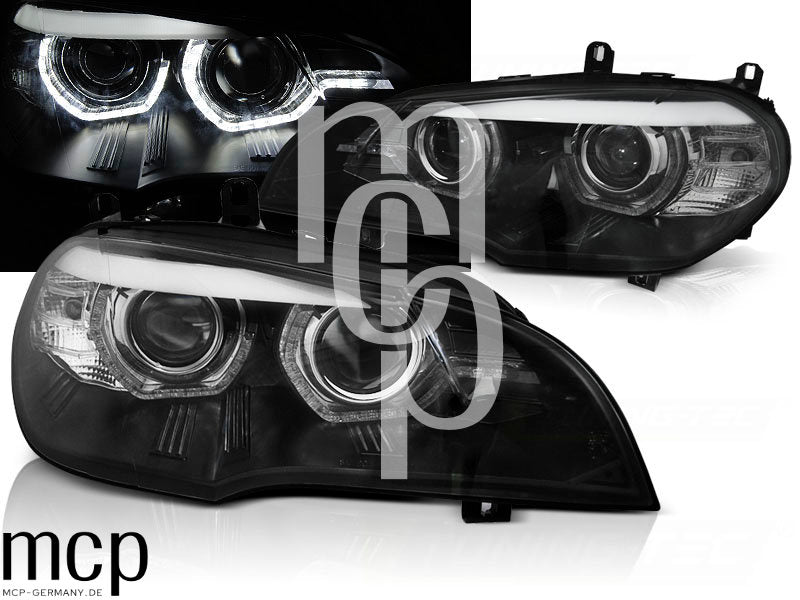 Xenon LED Angel Eyes Scheinwerfer Set für BMW X5 E70 (2007 bis 2010) in Schwarz