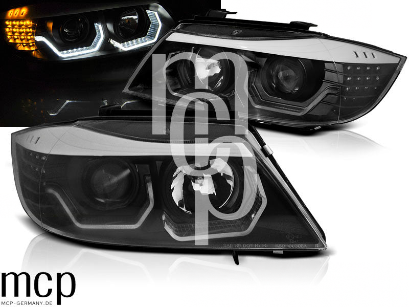 LED 3D Angel Eyes Scheinwerfer Set für BMW 3er E90 Limousine / E91 Touring (2005 bis 2008) in Schwarz – Alt2 MCP Bereinigt
