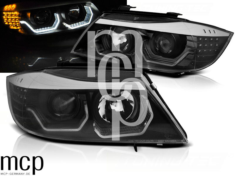 LED 3D Angel Eyes Scheinwerfer Set für BMW 3er E90 Limousine / E91 Touring (2005 bis 2008) in Schwarz
