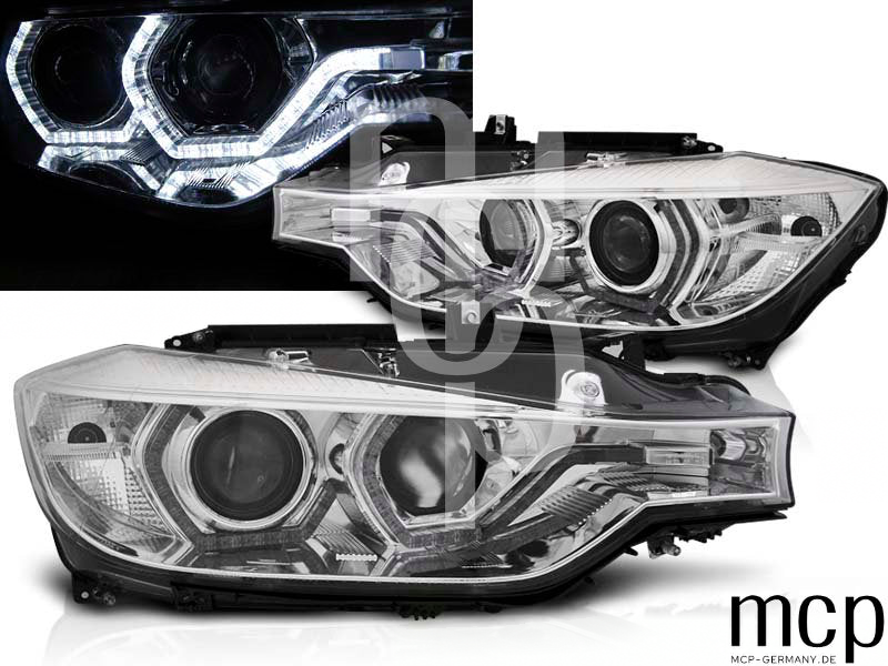 Xenon LED Angel Eyes Scheinwerfer Set für BMW 3er F30/F31 (10/2011 bis 05/2015) in Chrom mit LED Tagfahrlicht – MCP Bereinigt