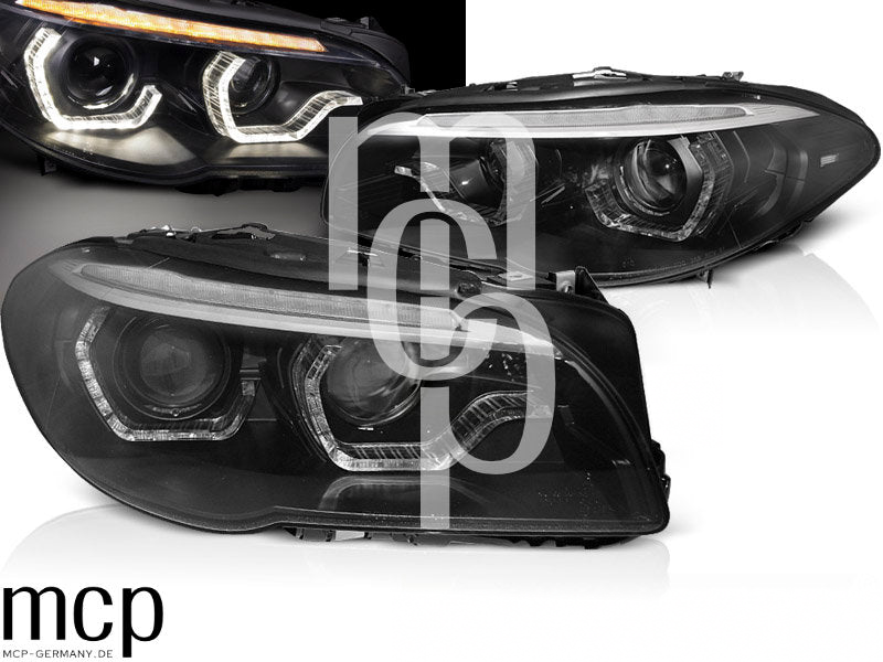 Xenon LED Angel Eyes Scheinwerfer Set für BMW 5er F10/F11 (2010 bis 2013) in Schwarz mit LED Tagfahrlicht – MCP Bereinigt