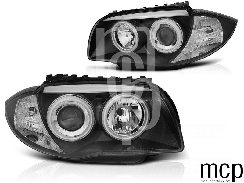 CCFL Angel Eyes Scheinwerfer Set für BMW 1er E81 E82 E87 E88 (09/04 bis 10/11) in Schwarz