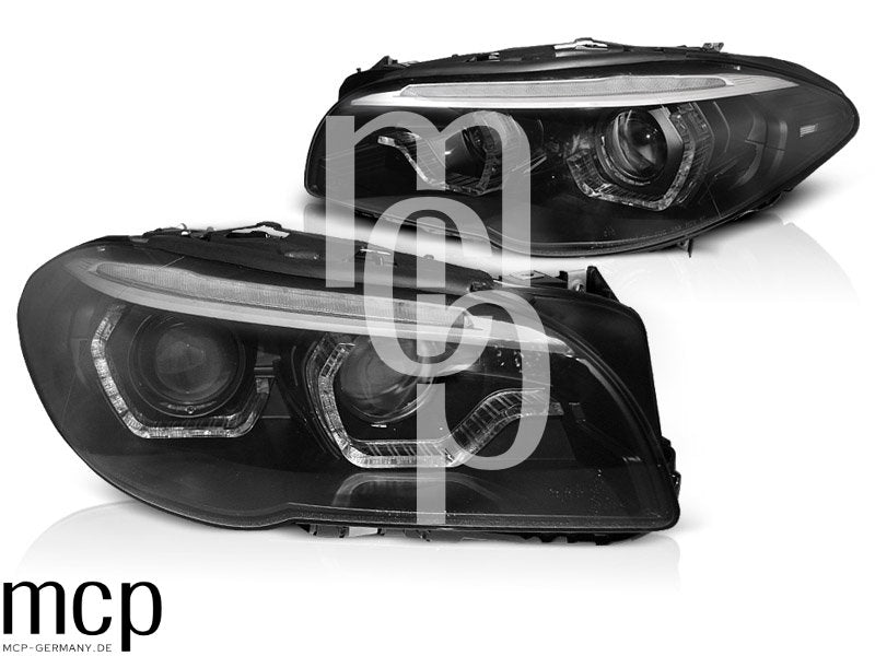 Bi-Xenon LED Angel Eyes Scheinwerfer Set für BMW 5er F10 F11 (2010 bis 06/2013) in Schwarz mit Dynamischem Blinker