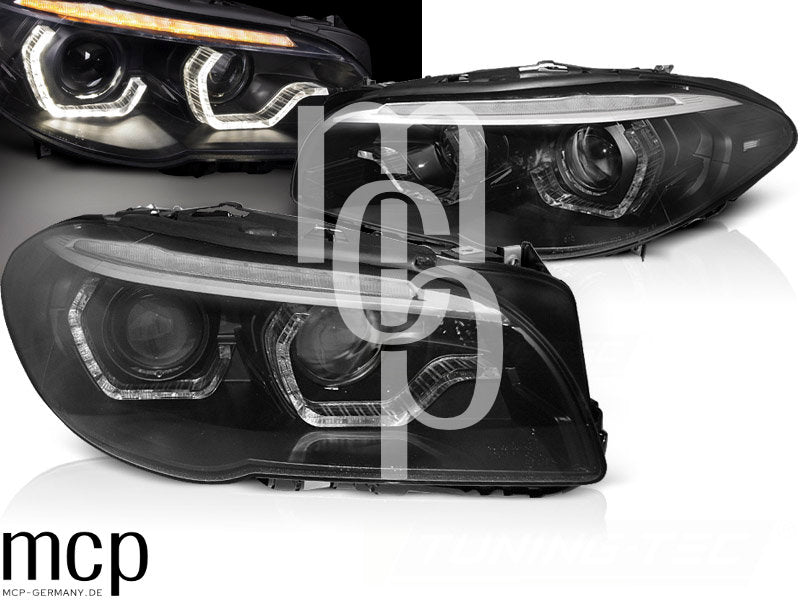 Bi-Xenon LED Angel Eyes Scheinwerfer Set für BMW 5er F10 F11 (2010 bis 06/2013) in Schwarz mit Dynamischem Blinker