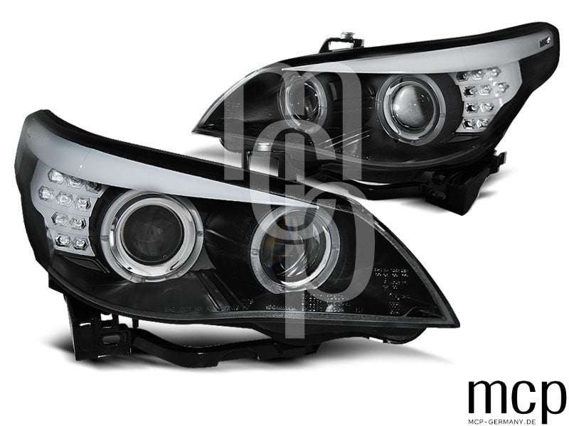 Xenon Angel Eyes Scheinwerfer Set für BMW 5er E60/E61 (2003 bis 2004) in Schwarz