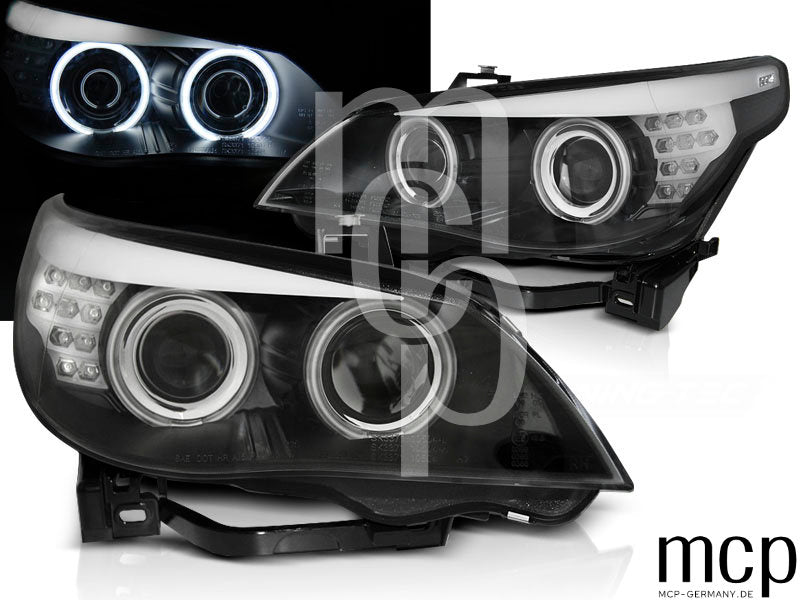 Xenon CCFL Angel Eyes Scheinwerfer Set für BMW 5er E60/E61 (2003 bis 2004) in Schwarz