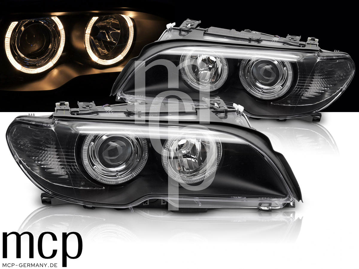 Xenon Angel Eyes Scheinwerfer Set für BMW 3er E46 Coupé / Cabrio (2003 bis 2006) in Schwarz – Alt2 MCP Bereinigt