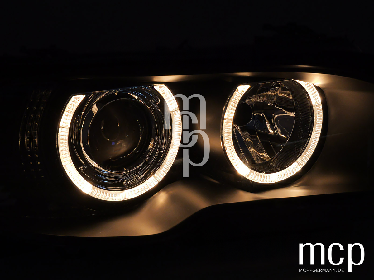 Xenon Angel Eyes Scheinwerfer Set für BMW 3er E46 Coupé / Cabrio (2003 bis 2006) in Schwarz – MCP Zusatz 02 Leuchtdetail