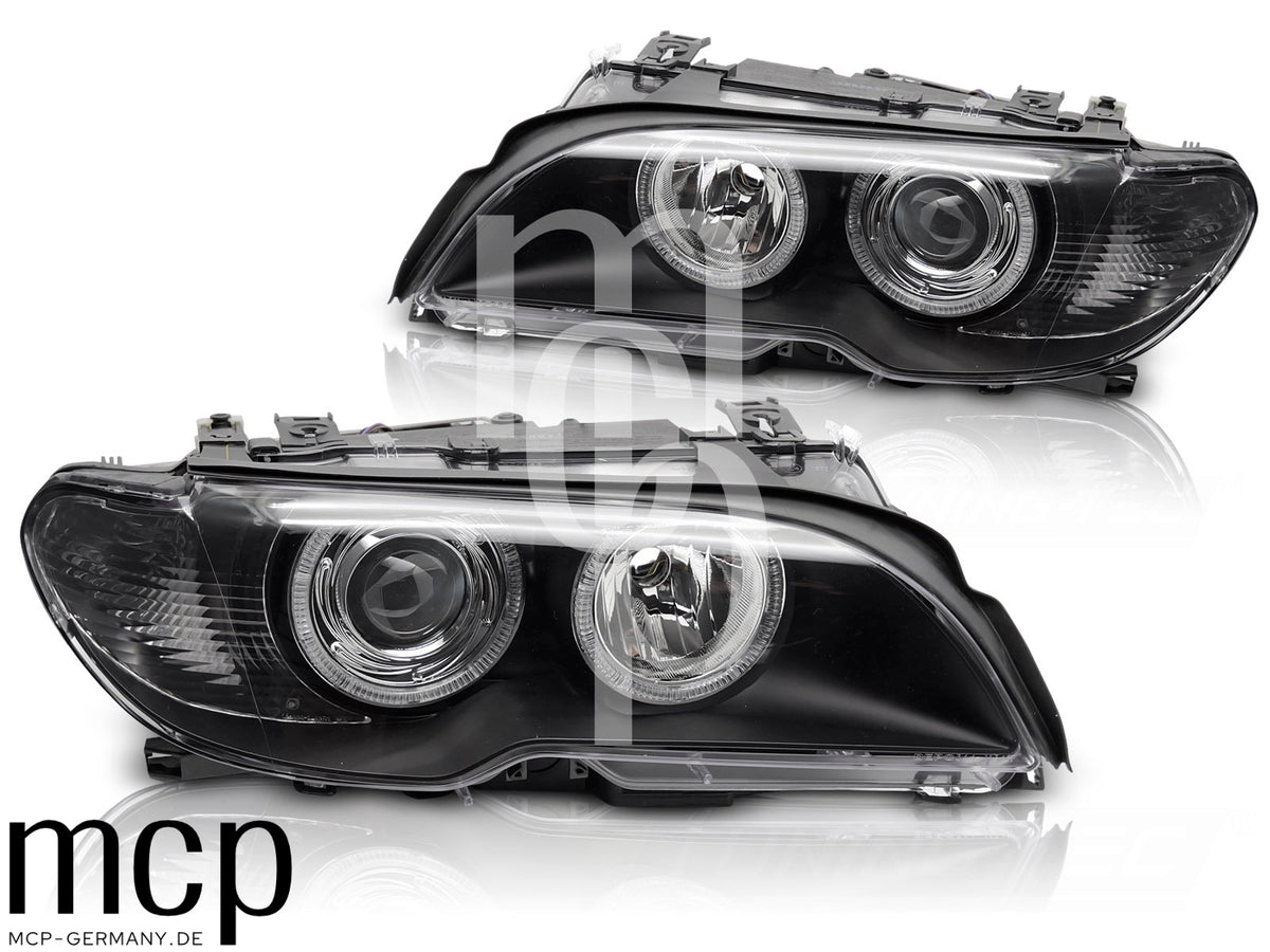 Xenon Angel Eyes Scheinwerfer Set für BMW 3er E46 Coupé / Cabrio (2003 bis 2006) in Schwarz