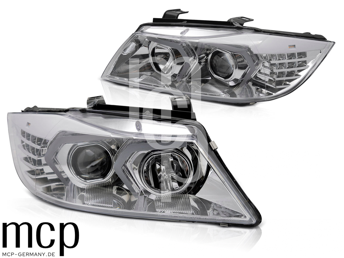 Scheinwerfer Set für BMW 3er E90/E91 (2005 bis 2008) in Chrom – Alt1 MCP Bereinigt