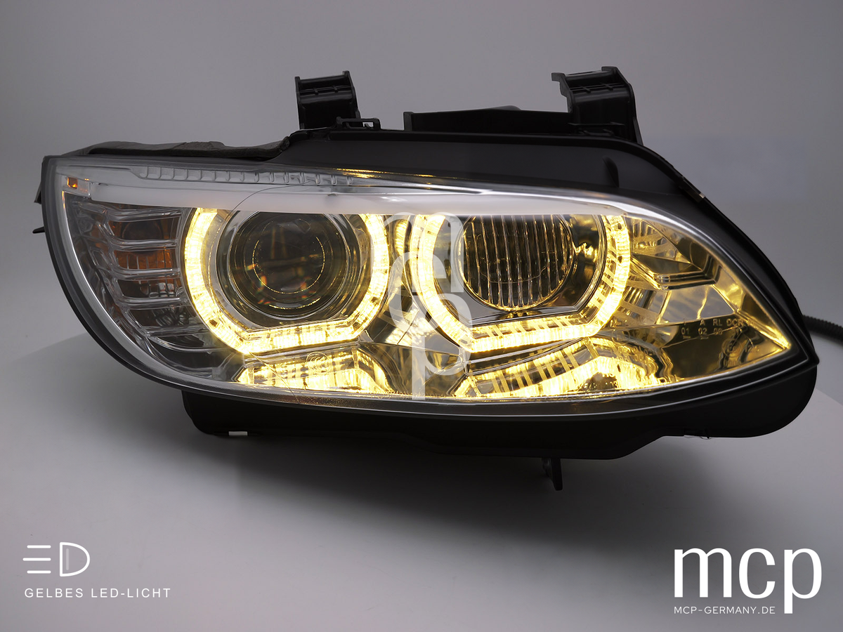 Xenon LED 3D Angel Eyes Scheinwerfer Set für BMW 3er E92 / E93 (2006 bis 2010) in Chrom mit gelbem LED Tagfahrlicht – MCP Zusatz 02 Gelbes Licht