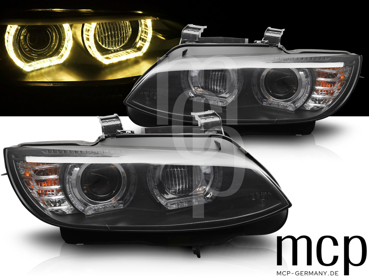 Xenon LED 3D Angel Eyes Scheinwerfer Set für BMW 3er E92 / E93 (2006 bis 2010) in Schwarz mit gelbem LED Tagfahrlicht – Alt2 MCP Bereinigt