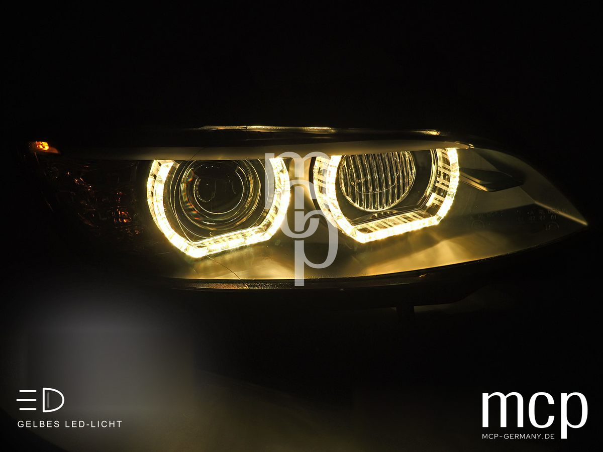 Xenon LED 3D Angel Eyes Scheinwerfer Set für BMW 3er E92 / E93 (2006 bis 2010) in Schwarz mit gelbem LED Tagfahrlicht – MCP Zusatz 02 Gelbes Licht