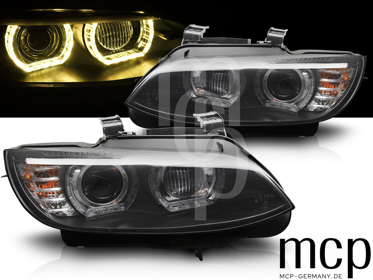 Xenon LED 3D Angel Eyes Scheinwerfer Set für BMW 3er E92 / E93 (2006 bis 2010) in Schwarz mit gelbem LED Tagfahrlicht