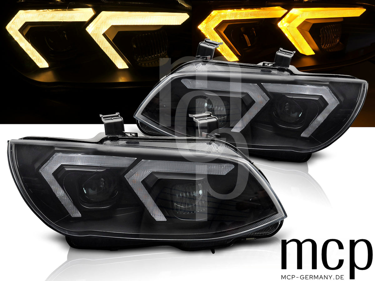Xenon Scheinwerfer Set für BMW 3er E92 / E93 LCI (2010 bis 2013) in Schwarz mit gelbem LED Tagfahrlicht