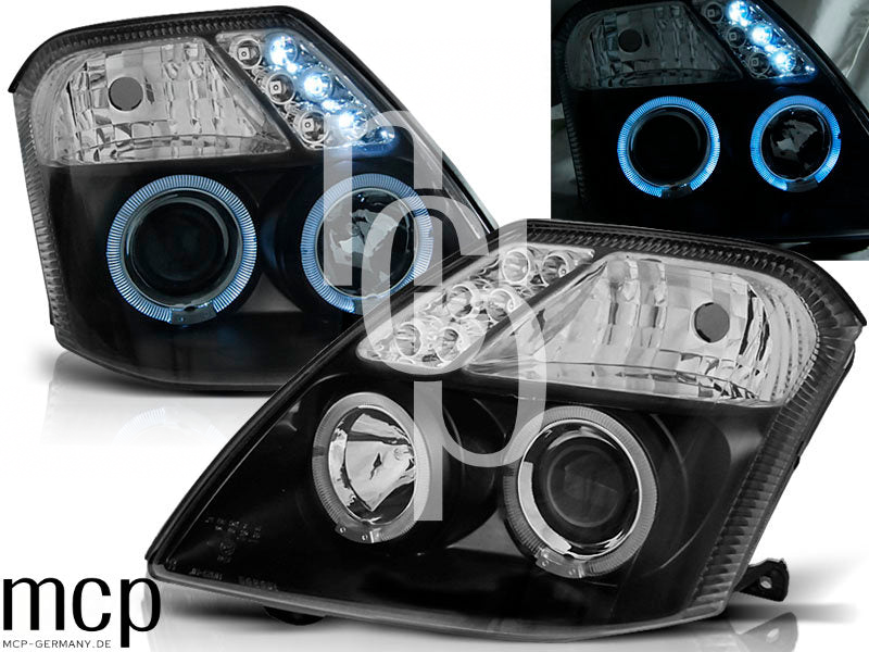 Angel Eyes Scheinwerfer Set für Citroën C2 (2003 bis 2010) in Schwarz – Scheinwerferpaar mit Lichtdetail