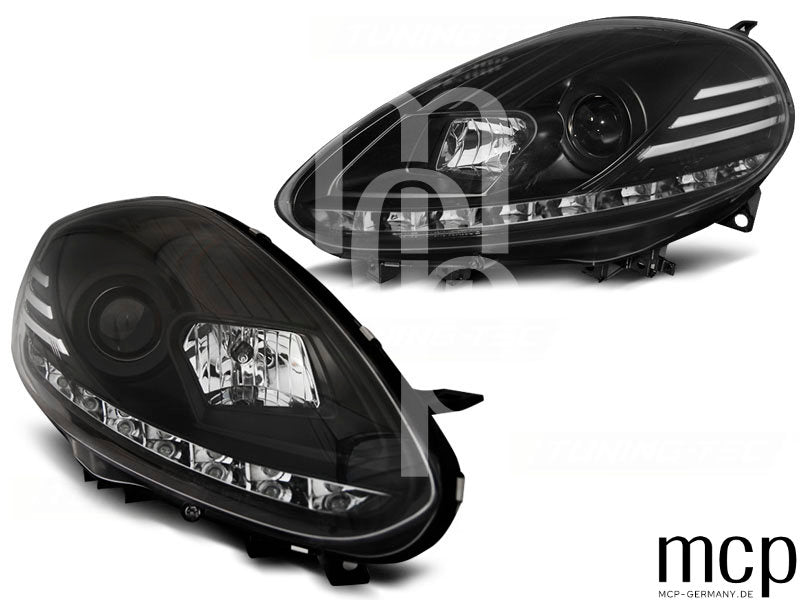 Scheinwerfer Set für Fiat Punto EVO (10/2009 bis 2012) in Schwarz mit LED Tagfahrlicht