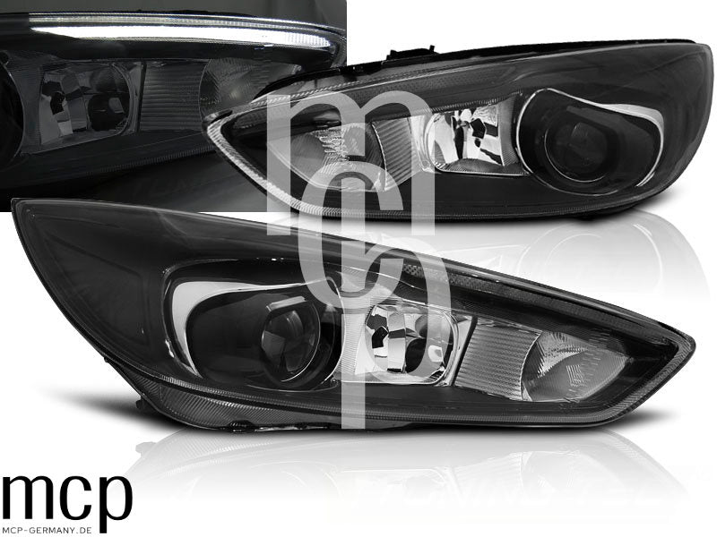 Scheinwerfer Set für Ford Focus MK3 (2014 bis 2018) in Schwarz mit LED Tagfahrlicht