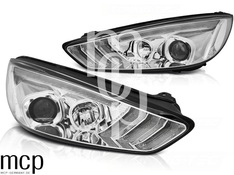 Scheinwerfer Set für Ford Focus MK3 (2015 bis 2018) in Chrom mit LED Tagfahrlicht
