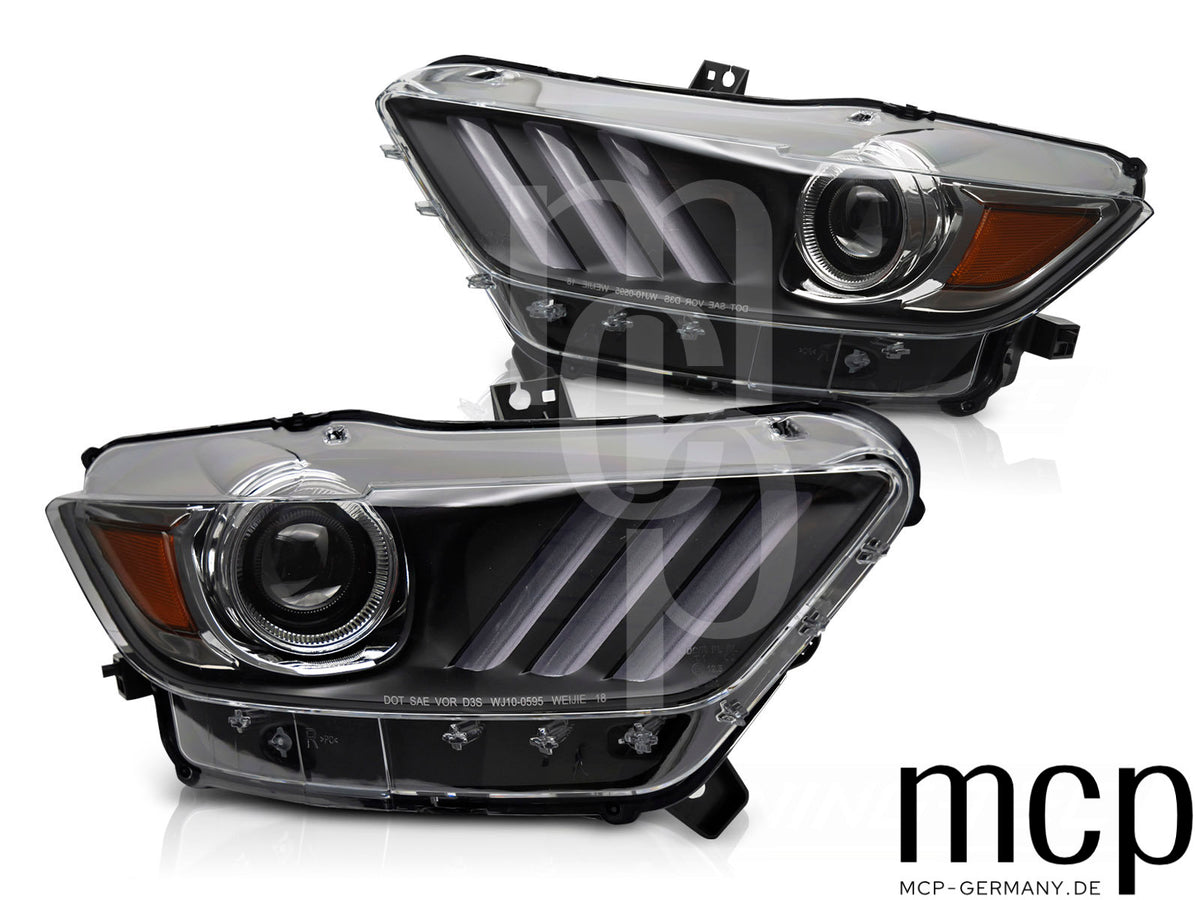 Xenon Scheinwerfer Set für Ford Mustang (2014 bis 2017) in Schwarz mit LED Tagfahrlicht