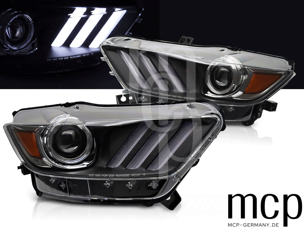 Xenon Scheinwerfer Set für Ford Mustang (2014 bis 2017) in Schwarz mit LED Tagfahrlicht
