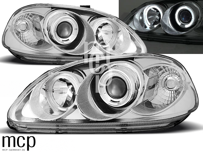 Angel Eyes Scheinwerfer Set für Honda Civic 2D/3D/4D (03/1999 bis 02/2001) in Chrom – LPHO06 – Leuchtfunktion Angel Eyes