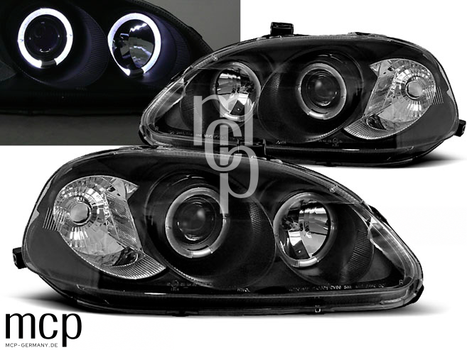 Angel Eyes Scheinwerfer Set für Honda Civic 2D/3D/4D (1999 bis 2001) in Schwarz – LPHO07 – Leuchtfunktion Angel Eyes