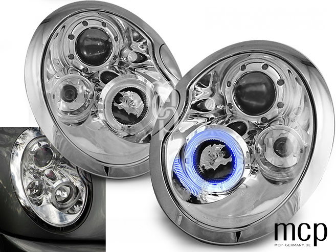 Angel Eyes Scheinwerfer Set für Mini Cooper (2001 bis 2004) in Chrom – LPMC01 – Ansicht am Fahrzeug