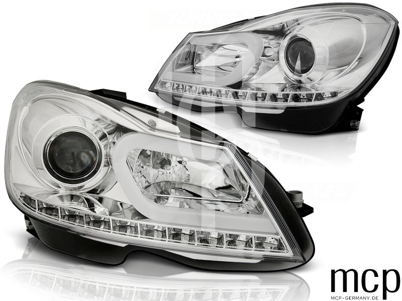Projektor Scheinwerfer Set für Mercedes Benz C-Klasse W204 (2011 bis 2014) in Chrom mit LED Standlicht und LED Blinker