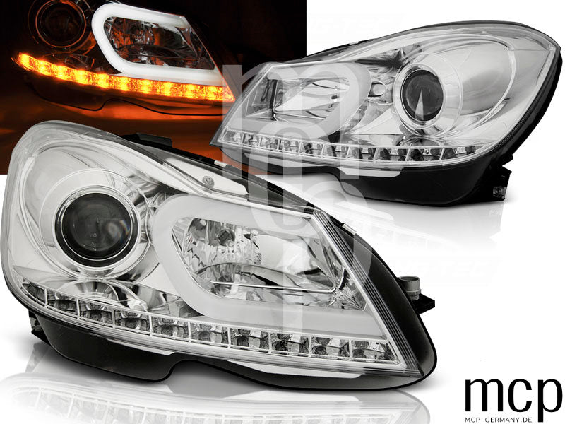 Projektor Scheinwerfer Set für Mercedes Benz C-Klasse W204 (2011 bis 2014) in Chrom mit LED Standlicht und LED Blinker
