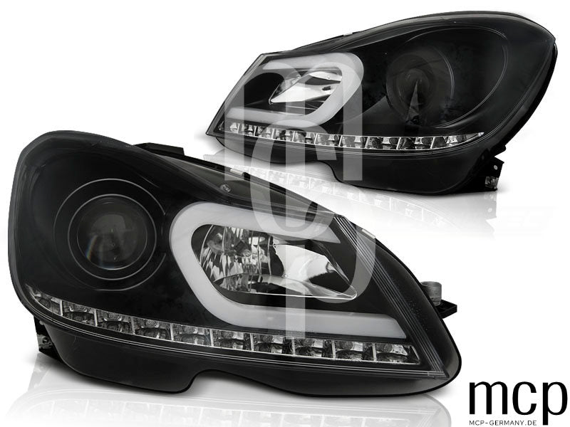 Projektor Scheinwerfer Set für Mercedes Benz C-Klasse W204 (2011 bis 2014) in Schwarz mit LED Standlicht und LED Blinker