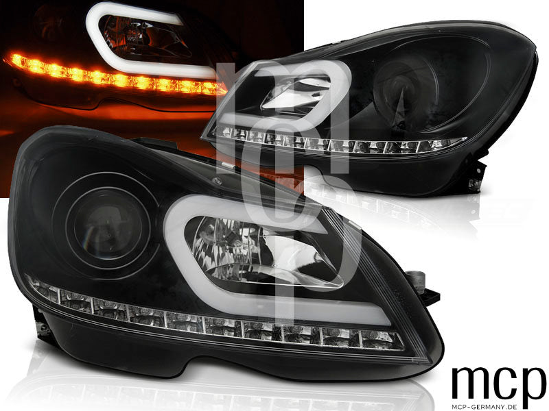 Projektor Scheinwerfer Set für Mercedes Benz C-Klasse W204 (2011 bis 2014) in Schwarz mit LED Standlicht und LED Blinker