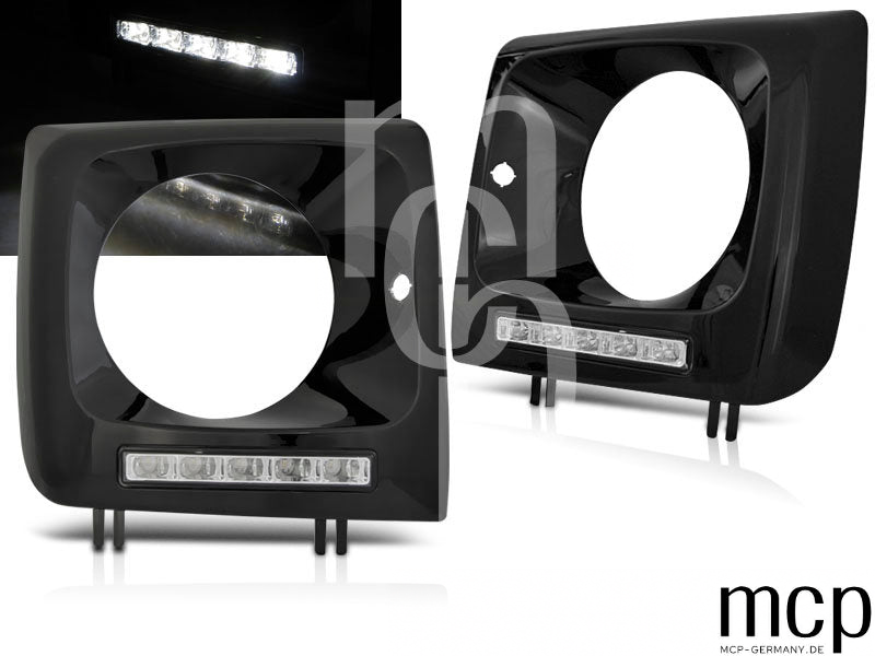 Scheinwerferrahmen Set für Mercedes W461,W463 (2001 bis 2012) in Schwarz mit LED Tagfahrlicht – Produktansicht mit Lichtdetail
