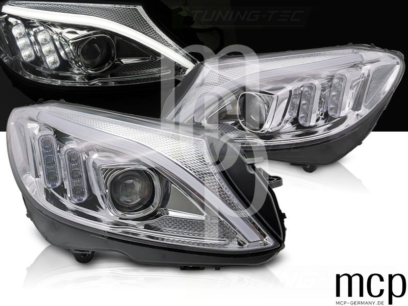 Scheinwerfer Set für Mercedes W205 (2014 bis 2018) in Chrom mit LED Tagfahrlicht