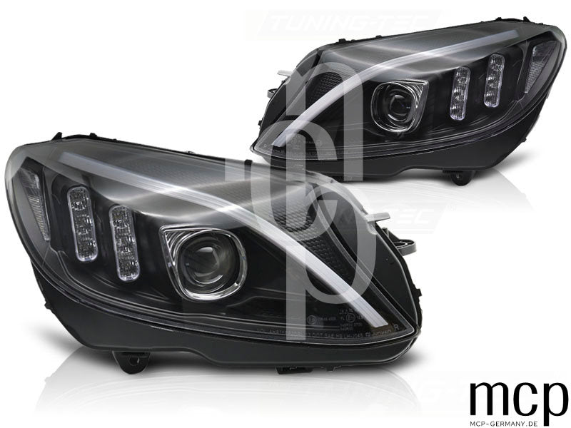 Scheinwerfer Set für Mercedes W205 (2014 bis 2018) in Schwarz mit LED Tagfahrlicht
