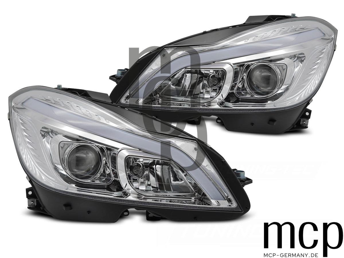 LED Tube Scheinwerfer Set für Mercedes Benz C-Klasse W204 (2011 bis 2014) in Chrom mit Dynamischem Blinker
