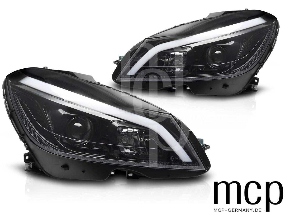 Scheinwerfer Set für Mercedes C-Klasse W204 (2011 bis 2014) in Schwarz glänzend mit LED Tagfahrlicht