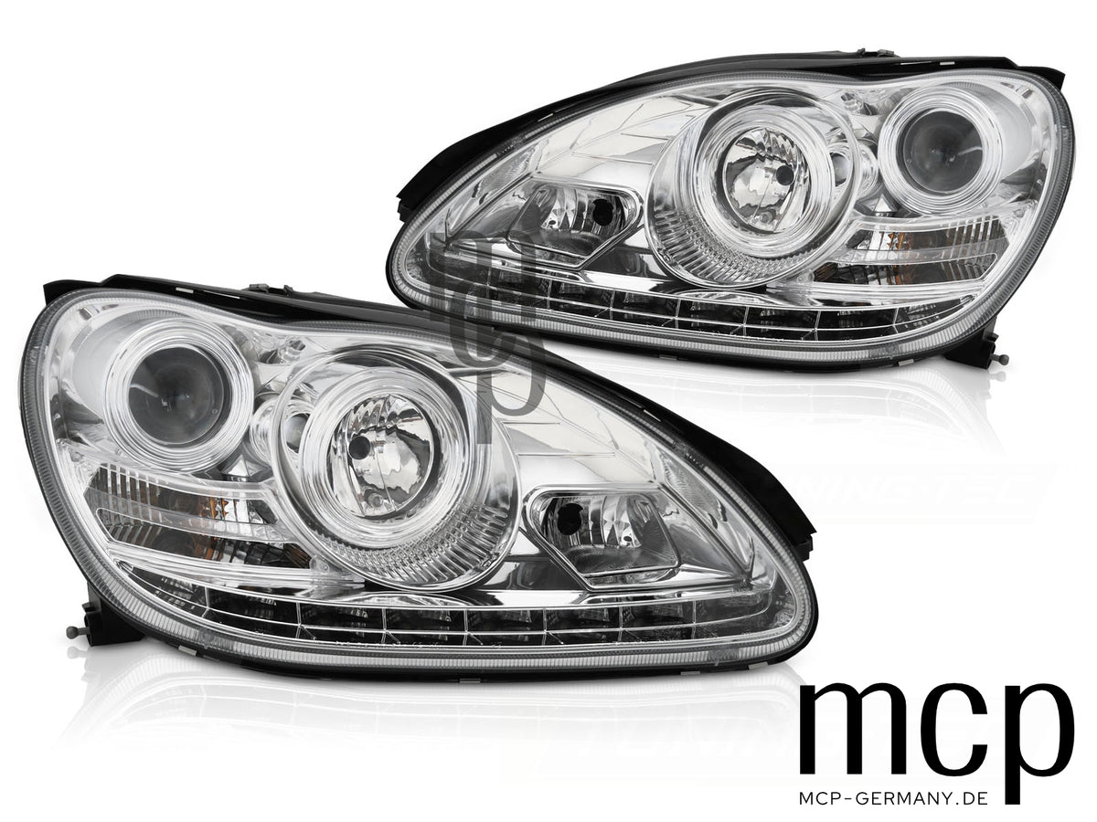 Xenon Scheinwerfer Set für Mercedes W220 Limousine (10/2002 bis 05/2005) in Chrom mit LED Standlicht