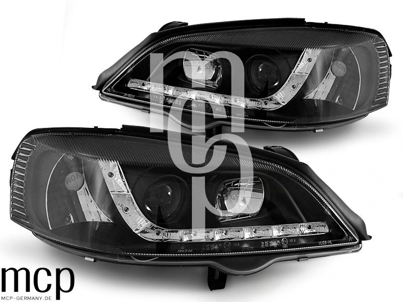 Scheinwerfer Set für Opel Astra G (09/1997 bis 02/2004) in Schwarz mit LED Standlicht – Zusatzansicht