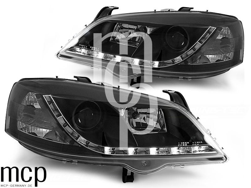 LED Tagfahrlicht Scheinwerfer Set für Opel Astra G (09/1997 bis 02/2004) in Schwarz