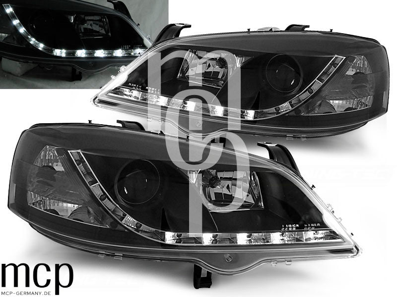 LED Tagfahrlicht Scheinwerfer Set für Opel Astra G (09/1997 bis 02/2004) in Schwarz
