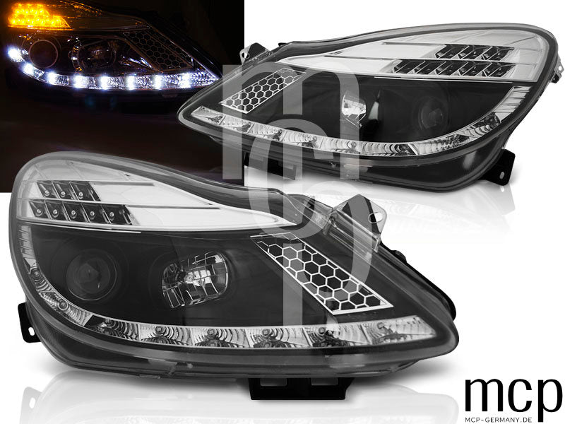 Scheinwerfer Set für Opel Corsa D (04/2006 bis 2011) in Schwarz mit LED Standlicht