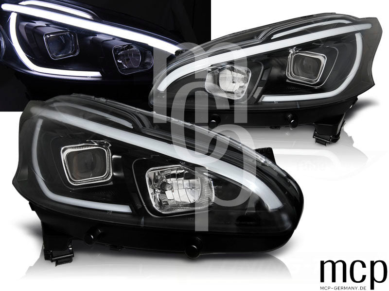 Scheinwerfer Set für Peugeot 208 (2012 bis 2015) in Schwarz mit LED Tagfahrlicht