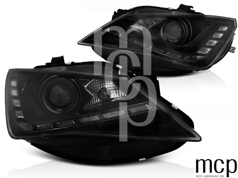 Scheinwerfer Set für Seat Ibiza 6J (2012 bis 2015) in Schwarz mit LED Tagfahrlicht