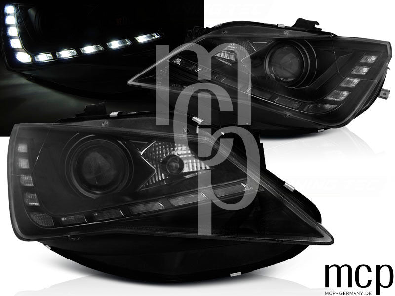 Scheinwerfer Set für Seat Ibiza 6J (2012 bis 2015) in Schwarz mit LED Tagfahrlicht