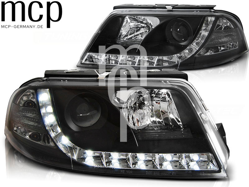 Scheinwerfer Set für VW Passat 3BG (09/2000 bis 03/2005) in Schwarz mit LED Tagfahrlicht