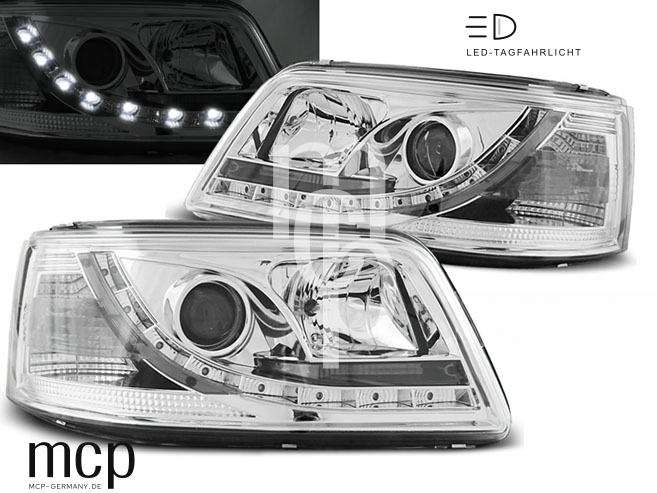 Scheinwerfer Set für VW T5 (04/2003 bis 08/2009) in Chrom mit LED Tagfahrlicht