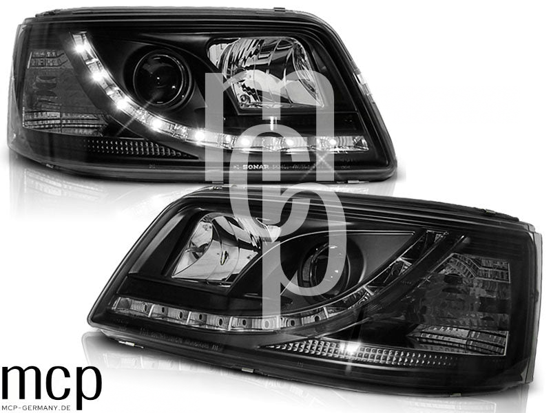 Scheinwerfer Set für VW T5 (04/2003 bis 08/2009) in Schwarz mit LED Tagfahrlicht